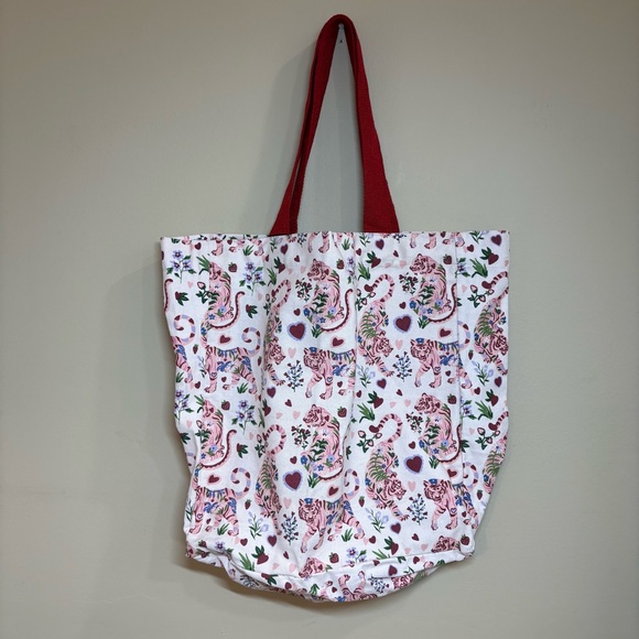 Handbags - Large Reusable Pink Floral Tote with Red Straps, NWT